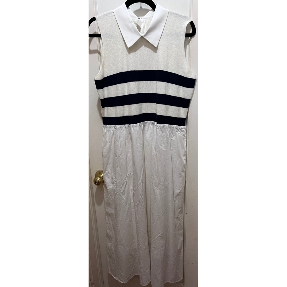 New Collection Nautical Striped Sleeveless Maxi Dress White Navy Blue XL 0648